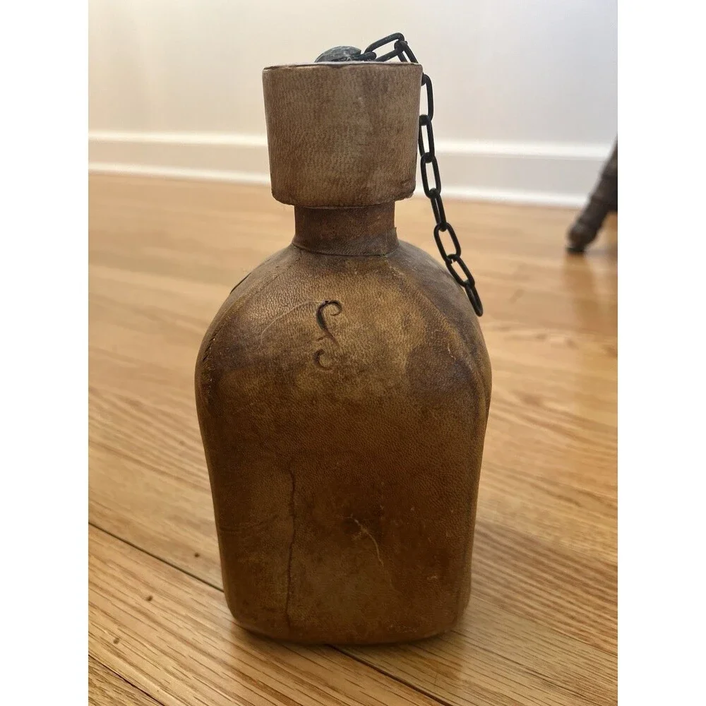 Glass Decanter Bottle Tooled Leather Wrapped with Cap & Chain Vintage